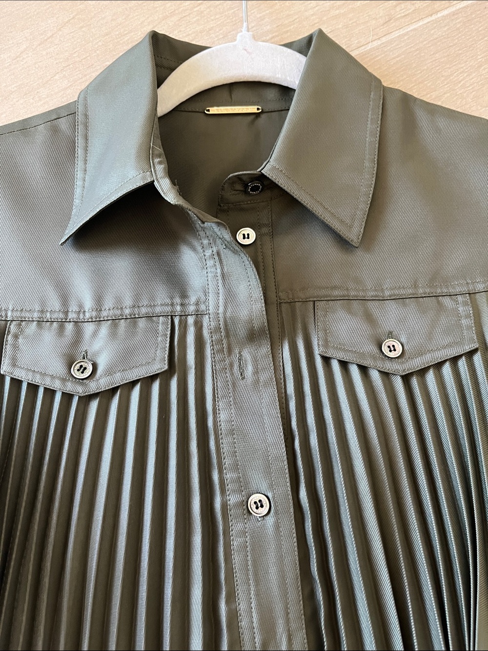 Elie Tahari Olive Green Pleated Shirt Dress with Tie Belt